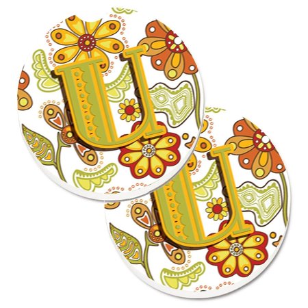 CAROLINES TREASURES Letter U Floral Mustard and Green Set of 2 Cup Holder Car Coaster CJ2003-UCARC